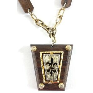 Vintage Fleur De Lis Pendant Wood and Chain Necklace 16 in